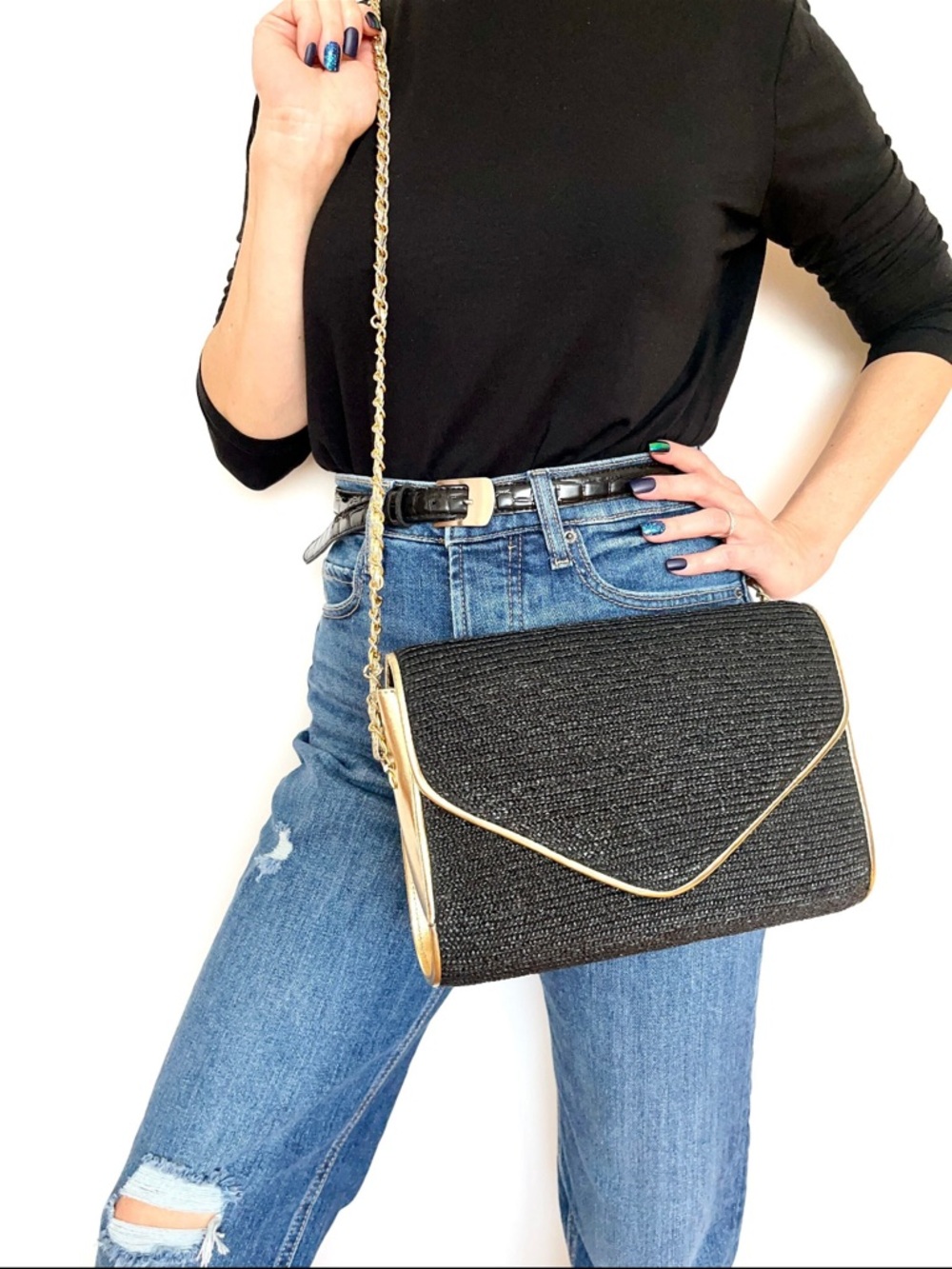 Vintage 1980s Le Regale Black Woven/Silver Trim Envelope Clutch/Crossbody Bag